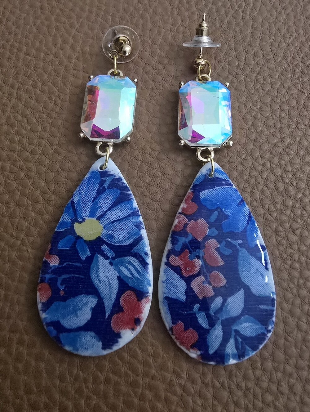 Hand Crafted Iridescent Crystal & Blue Floral Teardrop Drop Earrings